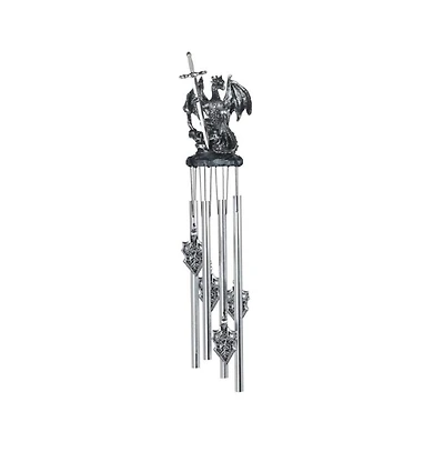 23" Long Silver Dragon Round Top Wind Chime with Sword