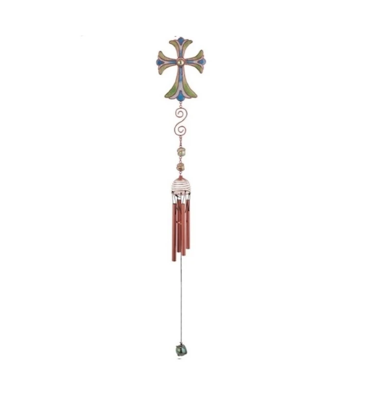 28" Long Green Cross Wind Chime with Copper Gem
