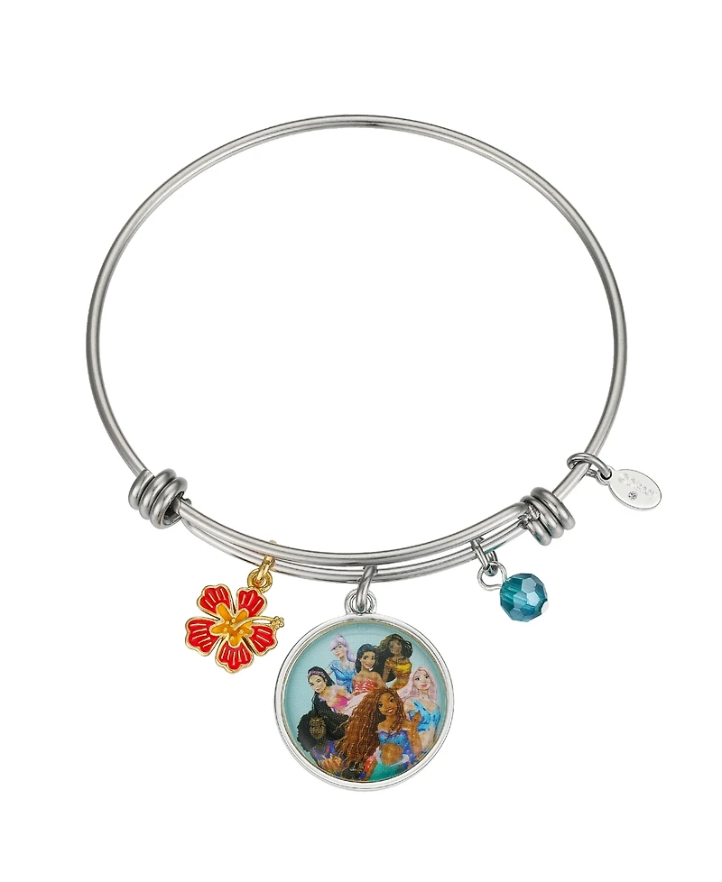 Disney Unwritten Coral and Orange Enamel Fower, Blue Crystal Bead and Multi Color Little Mermaid Bangle Bracelet