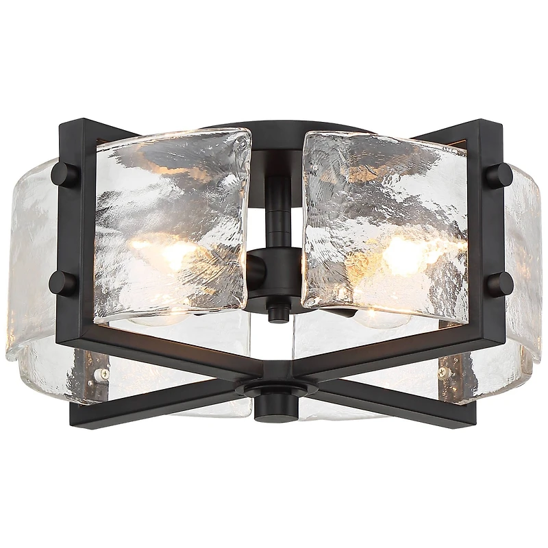 Adri Modern Ceiling Light Flush Mount Fixture 4-Light 16.50" Wide Black Metal Curved Textured Glass Panels for Bedroom Kitchen Living Room Family