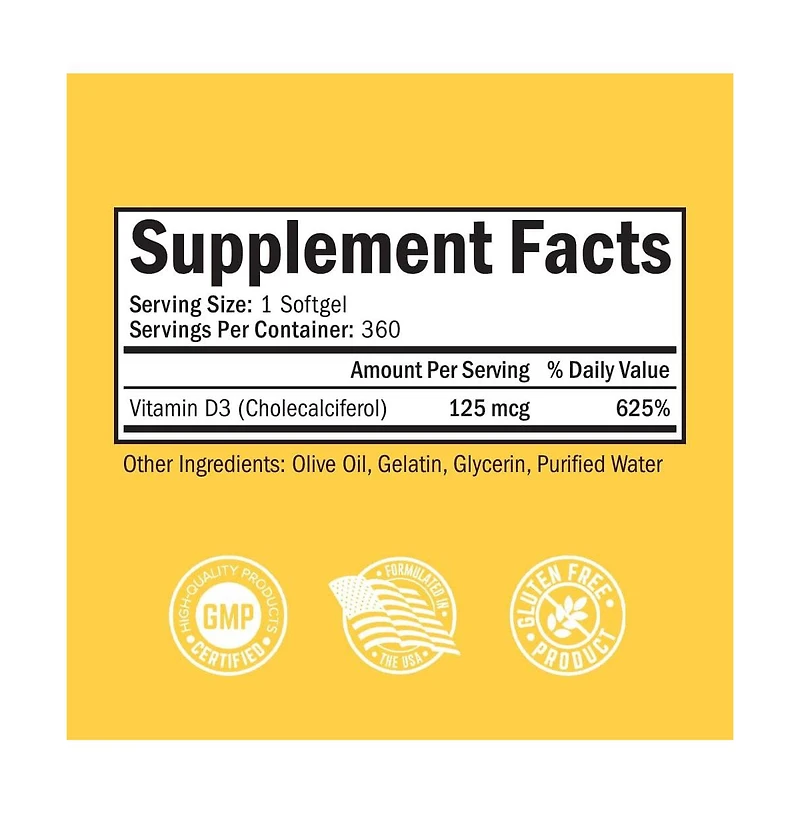 Vitamin D3 5000 Iu (125 mcg) Natural Immune Support Supplement, Bone Strength, Healthy Muscle Function, with Olive Oil for Highest Absorption, Gluten