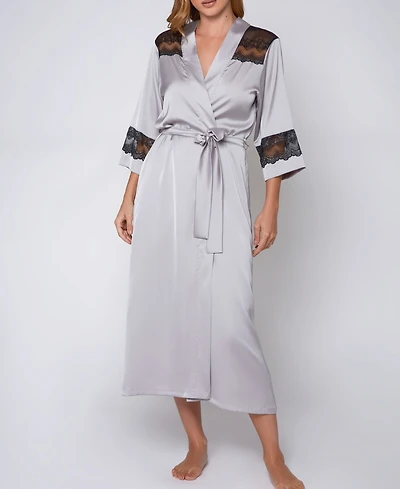 iCollection Women's Silky Stretch Satin Long Robe with Lace Trims