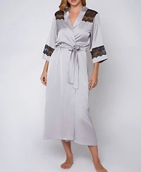 iCollection Women's Silky Stretch Satin Long Robe with Lace Trims