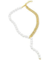 Adornia 14k Gold-Plated Pave Chain & Mother-of-Pearl Asymmetrical Lariat Necklace, 15" + 2" extender