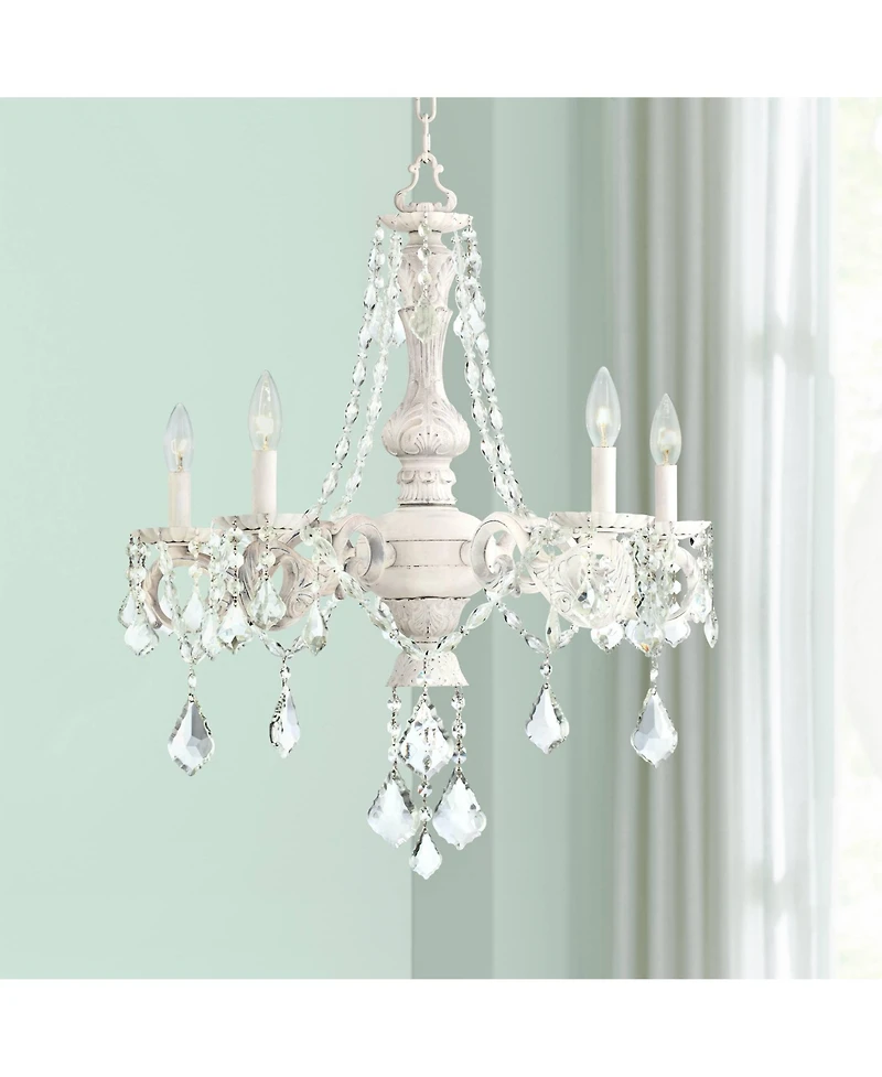 Kathy Ireland Chateau de Conde Antique Rubbed White Pendant Chandelier 26" Wide French Crystal 5-Light Fixture for Dining Room House Kitchen Isla