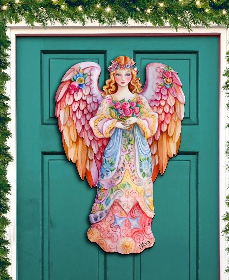 Designocracy Floral Angel Christmas Door Decor Wooden Wall Decor G. DeBrekht