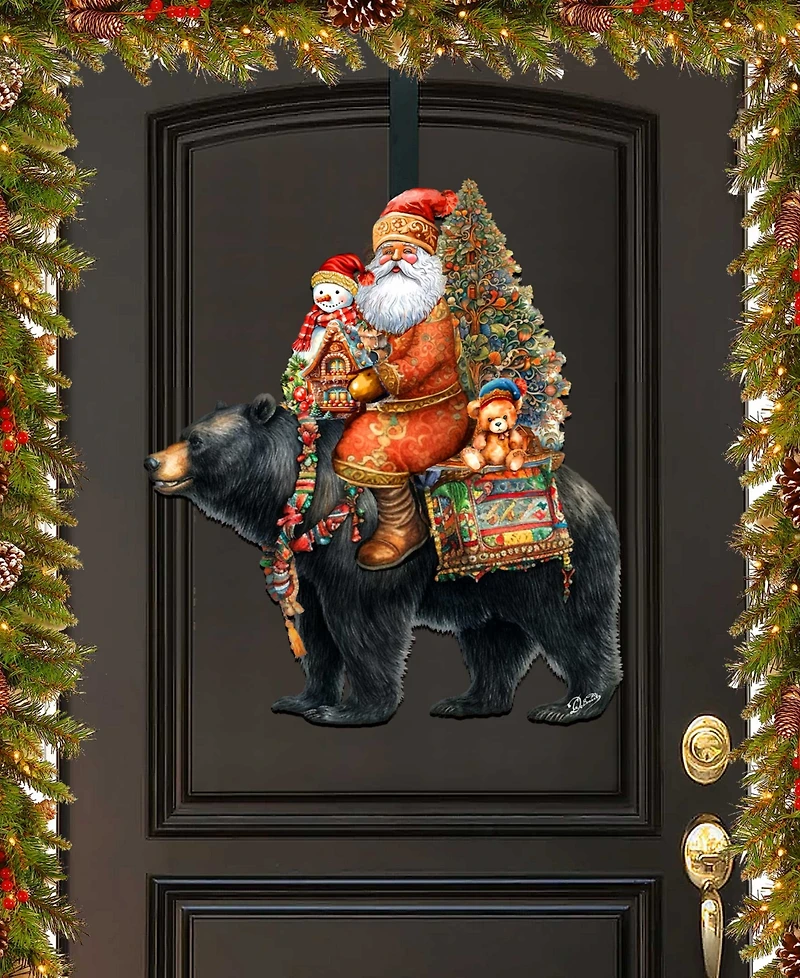 Designocracy Santa Claus and Black Bear Christmas Door Decor Wooden Wall Decor G. DeBrekht