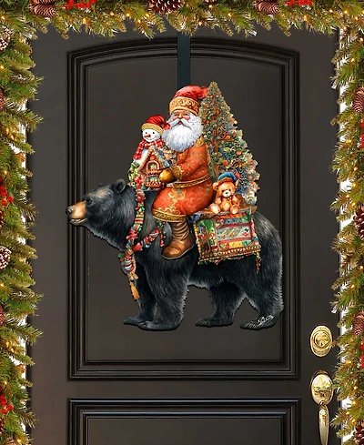 Designocracy Santa Claus and Black Bear Christmas Door Decor Wooden Wall Decor G. DeBrekht