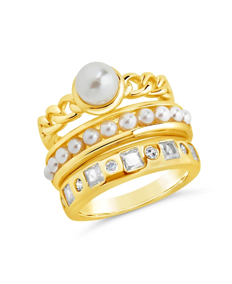 Sterling Forever Cubic Zirconia Genuine Shell Pearl Kimber Stacking 3 Piece Ring Set