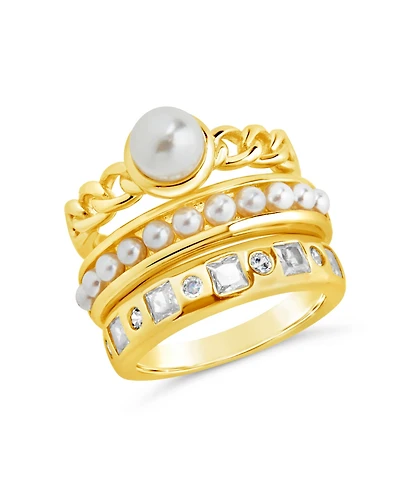 Sterling Forever Cubic Zirconia Genuine Shell Pearl Kimber Stacking 3 Piece Ring Set