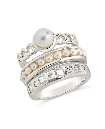 Sterling Forever Cubic Zirconia Genuine Shell Pearl Kimber Stacking 3 Piece Ring Set