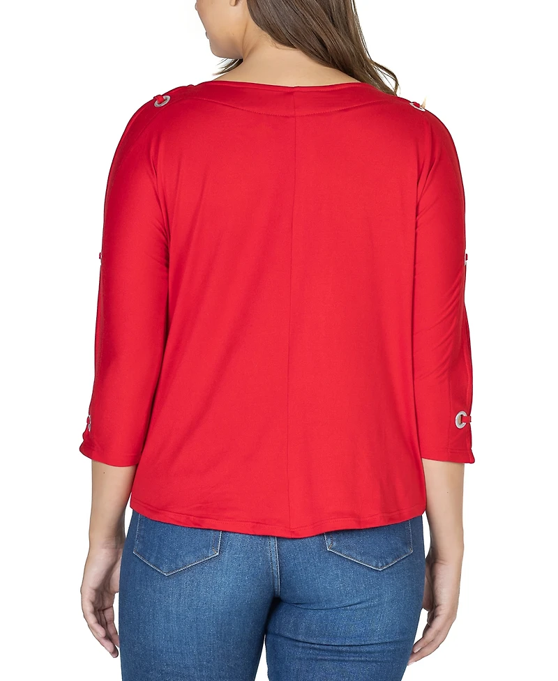 24seven Comfort Apparel Women's Three Quarter Cold Shoulder Grommet Top