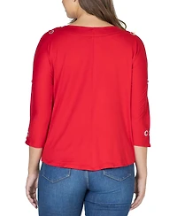 24seven Comfort Apparel Women's Three Quarter Cold Shoulder Grommet Top