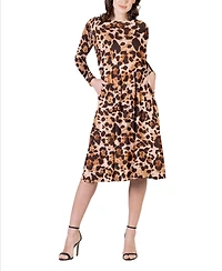 24seven Comfort Apparel Women's Print Long Sleeve Pleated Midi Dress