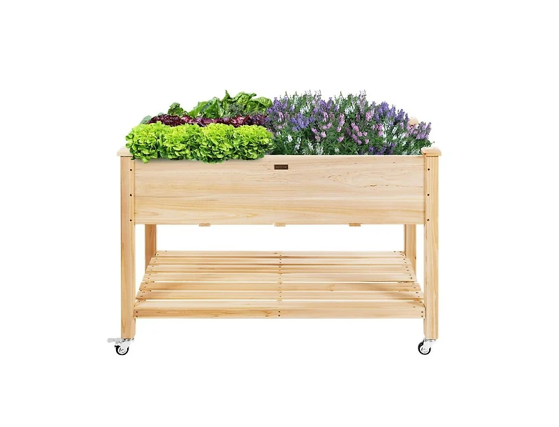 Wood Elevated Planter Bed with Lockable Wheels Shelf and Liner