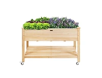 Wood Elevated Planter Bed with Lockable Wheels Shelf and Liner
