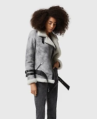 Furniq Uk Women's Shearling Belted Biker Jacket, Natural Dying Grey with White Wool