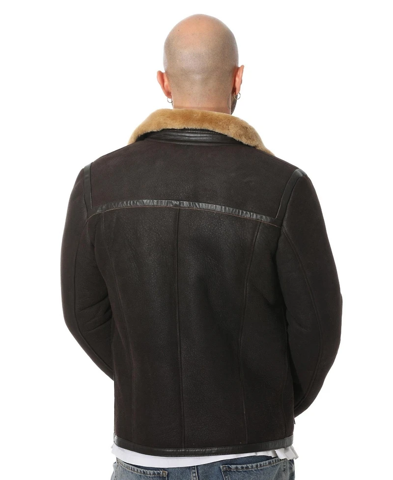 Furniq Uk Men's Leather Banded Sheepskin Casual Jacket, Washed Brown with Ginger Wool