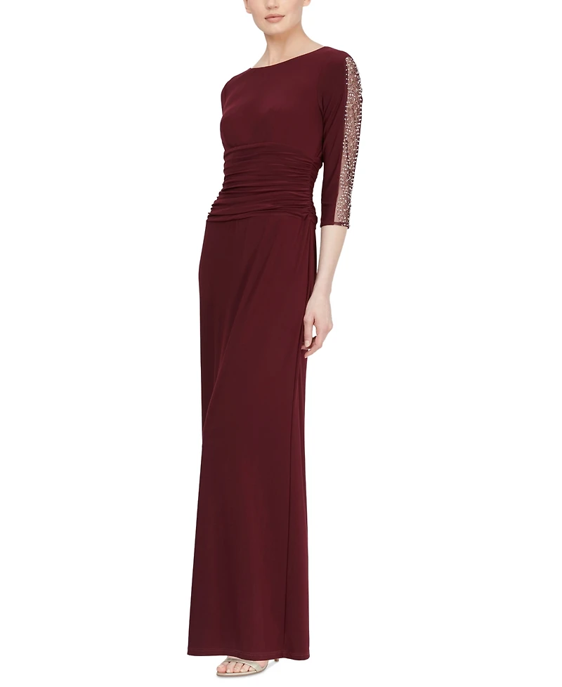 Sl Fashions Women's Beaded-Sleeve Ruched-Waist Gown