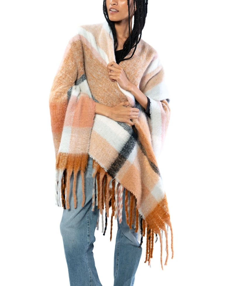 Marcus Adler Plaid Fringe Cape Sweater