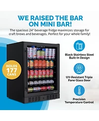 Newair 24" Beverage Refrigerator Cooler, 177 Can Black Stainless Steel with Triple-Layer Tempered Glass Door, Built-in Counter or Freestanding Fridge,