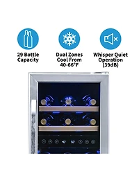 Newair 15" Built-in 29 Bottle Dual Zone Compressor Wine Fridge in Stainless Steel, Quiet Operation with Beech Wood Shelves