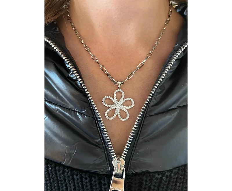 Rhodium Cubic Zirconia Flower Pendant Necklace
