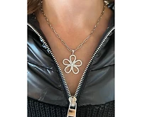 Rhodium Cubic Zirconia Flower Pendant Necklace