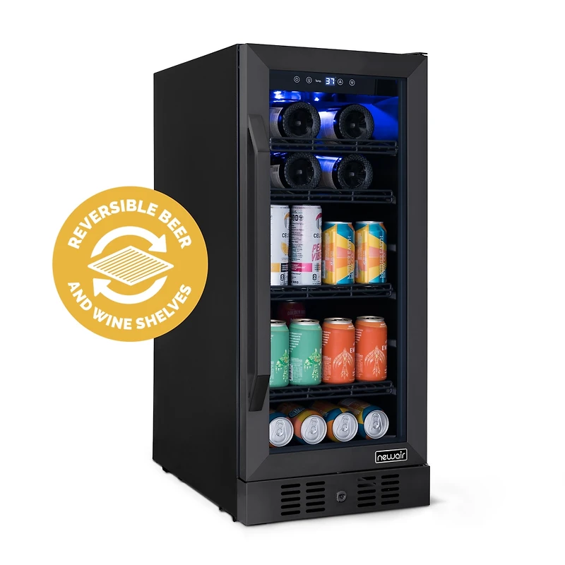Newair 15" FlipShelf Wine and Beverage Refrigerator, Reversible Shelves Hold 80 Cans or 33 Bottles