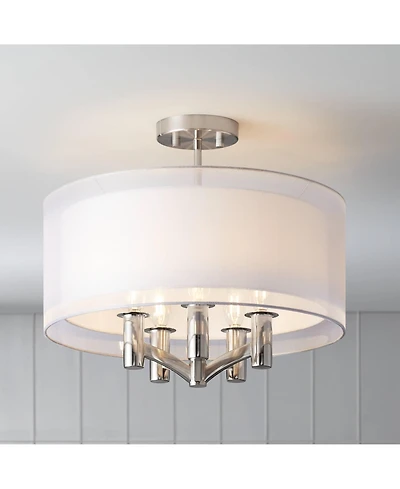 Possini Euro Design Modern Ceiling Light Semi Flush Mount Fixture Brushed Nickel 18" Wide Sheer Silver Double Drum Bedroom Kitchen