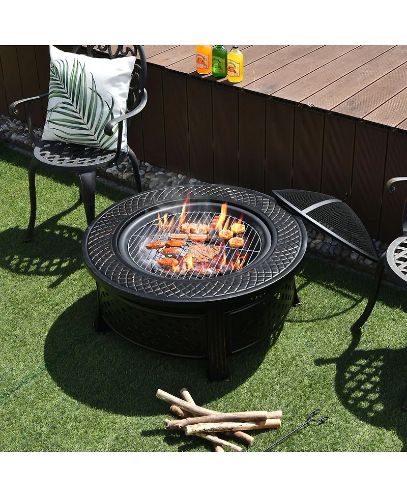 32'' Round Fire Pit Set W/ Rain Cover Bbq Grill Log Grate Poker
