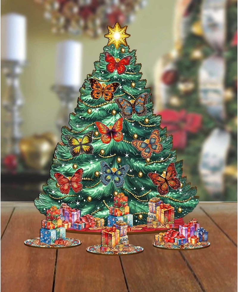 Designocracy Butterfly Themed Wooden Christmas Tree with Ornaments Set of 13 G. DeBrekht