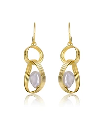 Sterling Silver 14k Yellow Gold Plated with Baroque White Freshwater Pearl Double Drop Half-Hoop Dangle Earrings