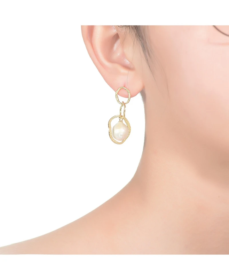 Sterling Silver 14K Gold Plated with Genuine Freshwater Drop Pearl Modern Earrings
