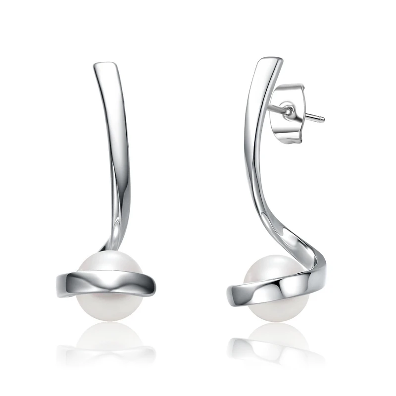Sterling Silver with Freshwater White Pearl Ribbon Swirl Dangle Drop Earrings