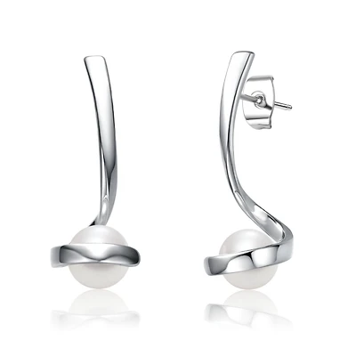 Sterling Silver with Freshwater White Pearl Ribbon Swirl Dangle Drop Earrings