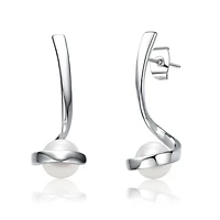 Sterling Silver with Freshwater White Pearl Ribbon Swirl Dangle Drop Earrings