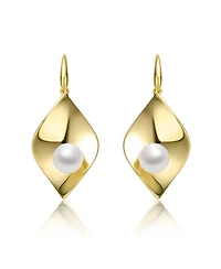 Sterling Silver 14k Yellow Gold Plated with White Freshwater Pearl Lily Pad Dangle Drop Wire Earrings