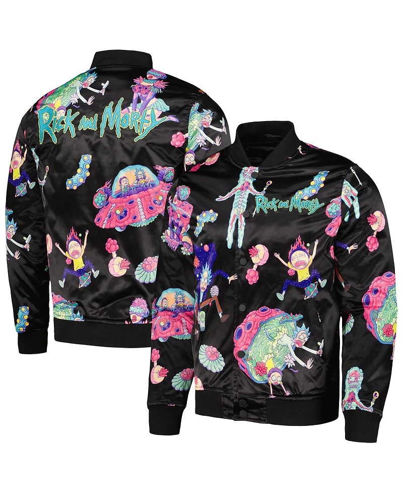 Men's Freeze Max Black Rick And Morty Graphic Satin Full-Snap Jacket