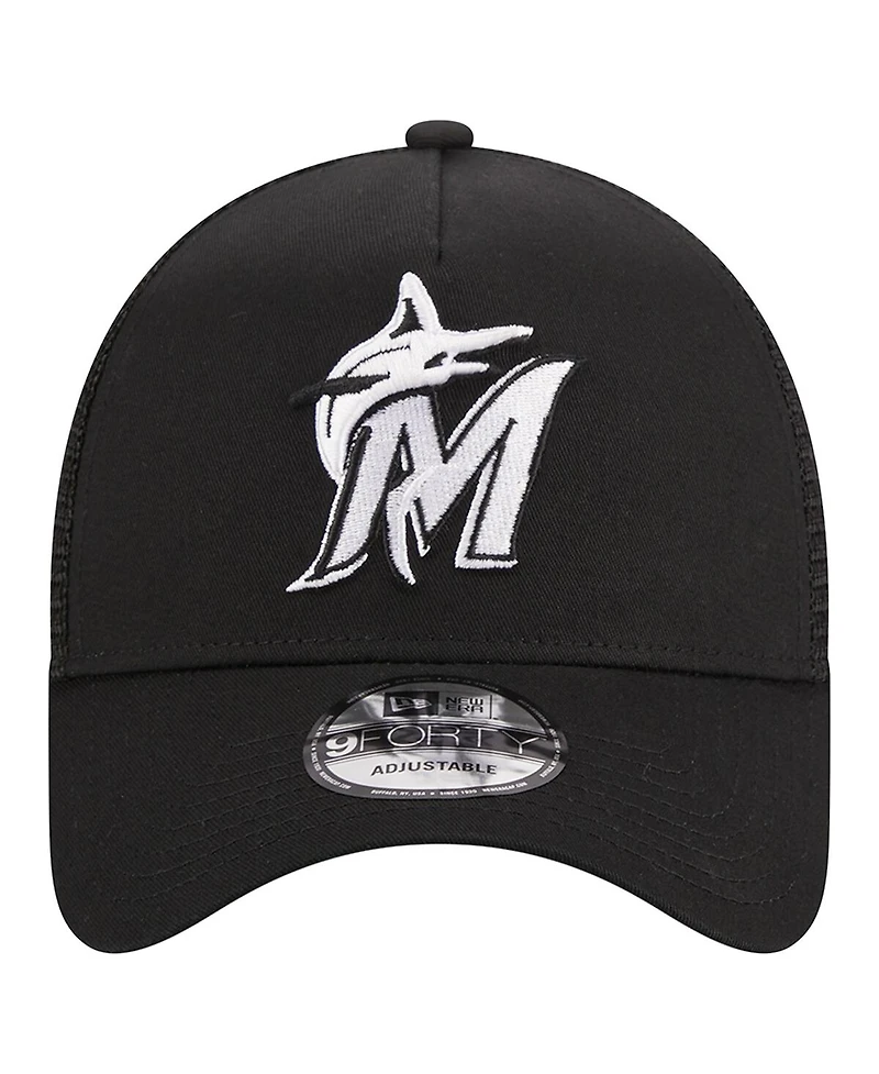 Men's New Era Black Miami Marlins A-Frame 9FORTY Trucker Adjustable Hat