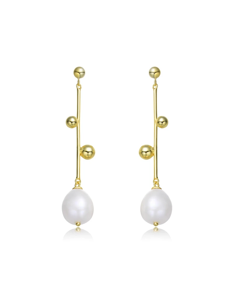 Sterling Silver 14K Gold Plated Genuine Freshwater Pearl Dangling Earrings