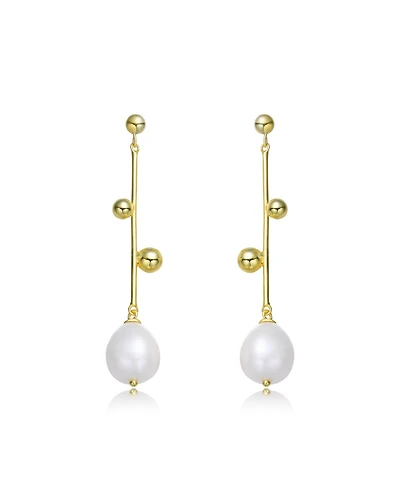 Sterling Silver 14K Gold Plated Genuine Freshwater Pearl Dangling Earrings