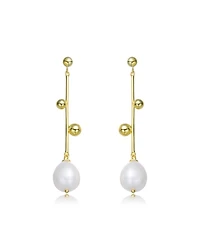 Sterling Silver 14K Gold Plated Genuine Freshwater Pearl Dangling Earrings