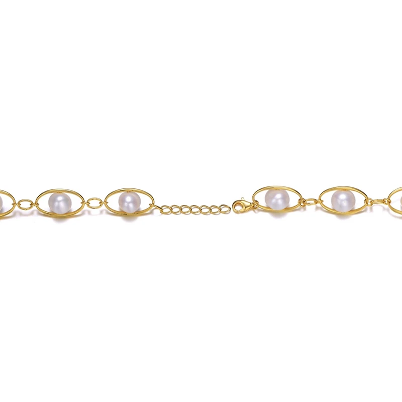 Sterling Silver 14K Gold Plated Genuine Freshwater Pearl and Cubic Zirconia Link Oval Spring Adjustable Bracelet