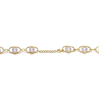 Sterling Silver 14K Gold Plated Genuine Freshwater Pearl and Cubic Zirconia Link Oval Spring Adjustable Bracelet