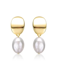 Sterling Silver 14k Yellow Gold Plated Oval White Freshwater Pearl Drop Medallion Dangle Earrings