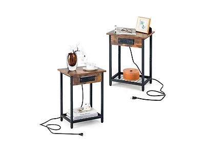 2 Pieces Bedside Nightstand Set with Open Shelf and Charging Station