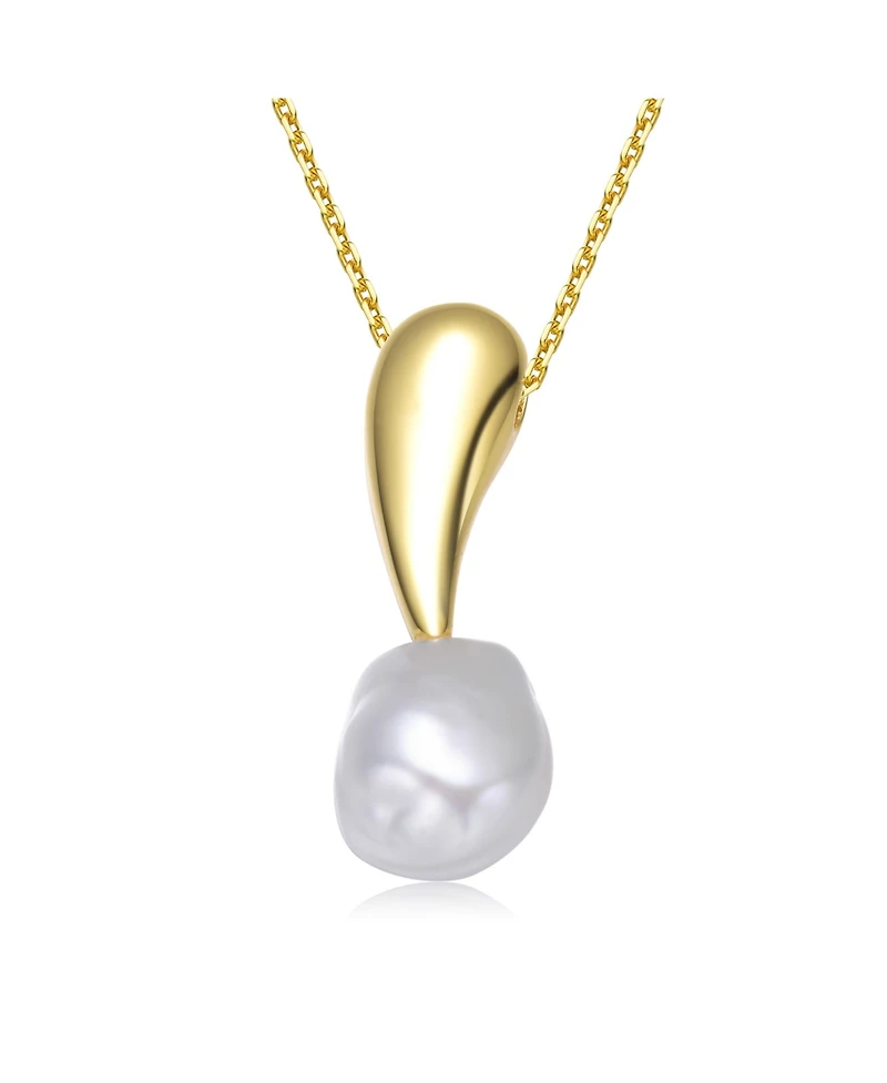 Sterling Silver 14K Gold Plated with Genuine Freshwater Pearl Drop Pendant Necklace
