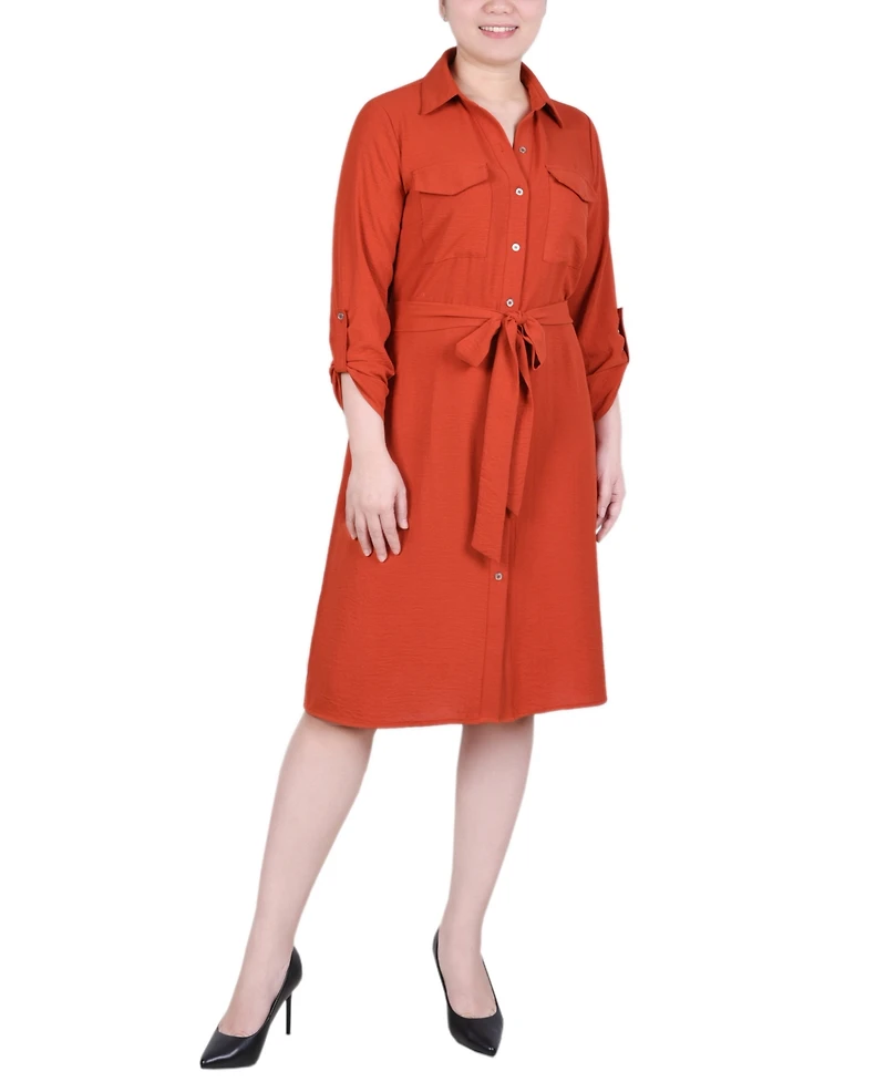 Ny Collection Women's Long Roll Tab Sleeve Shirtdress
