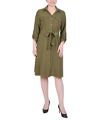 Ny Collection Women's Long Roll Tab Sleeve Shirtdress
